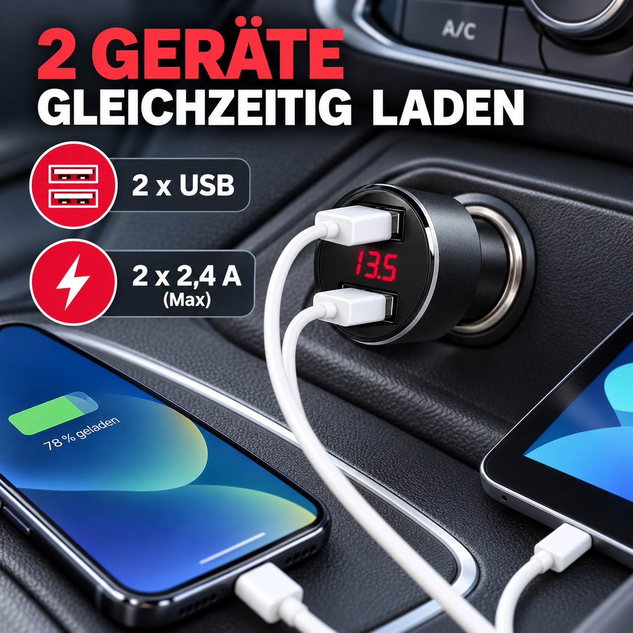 DUAL USB Auto Ladegerät 2 x 2,4 A mit Spannungsanzeige