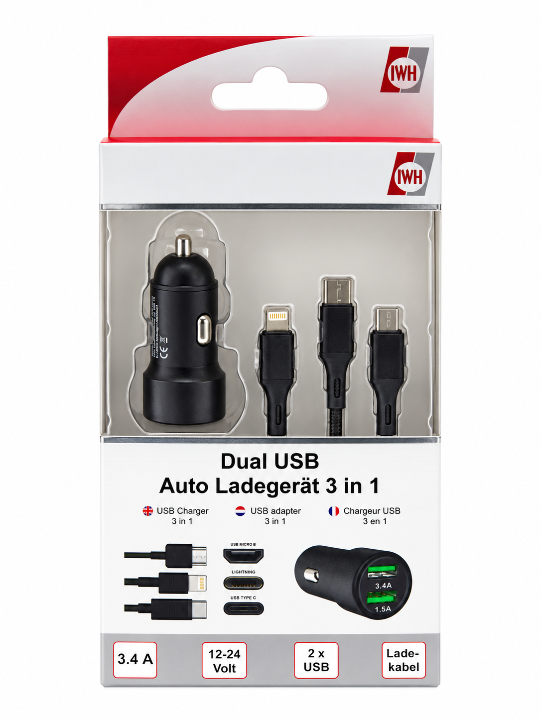 Dual USB Auto Ladegerät 3IN1 12/24V / 1,5A+3,4A